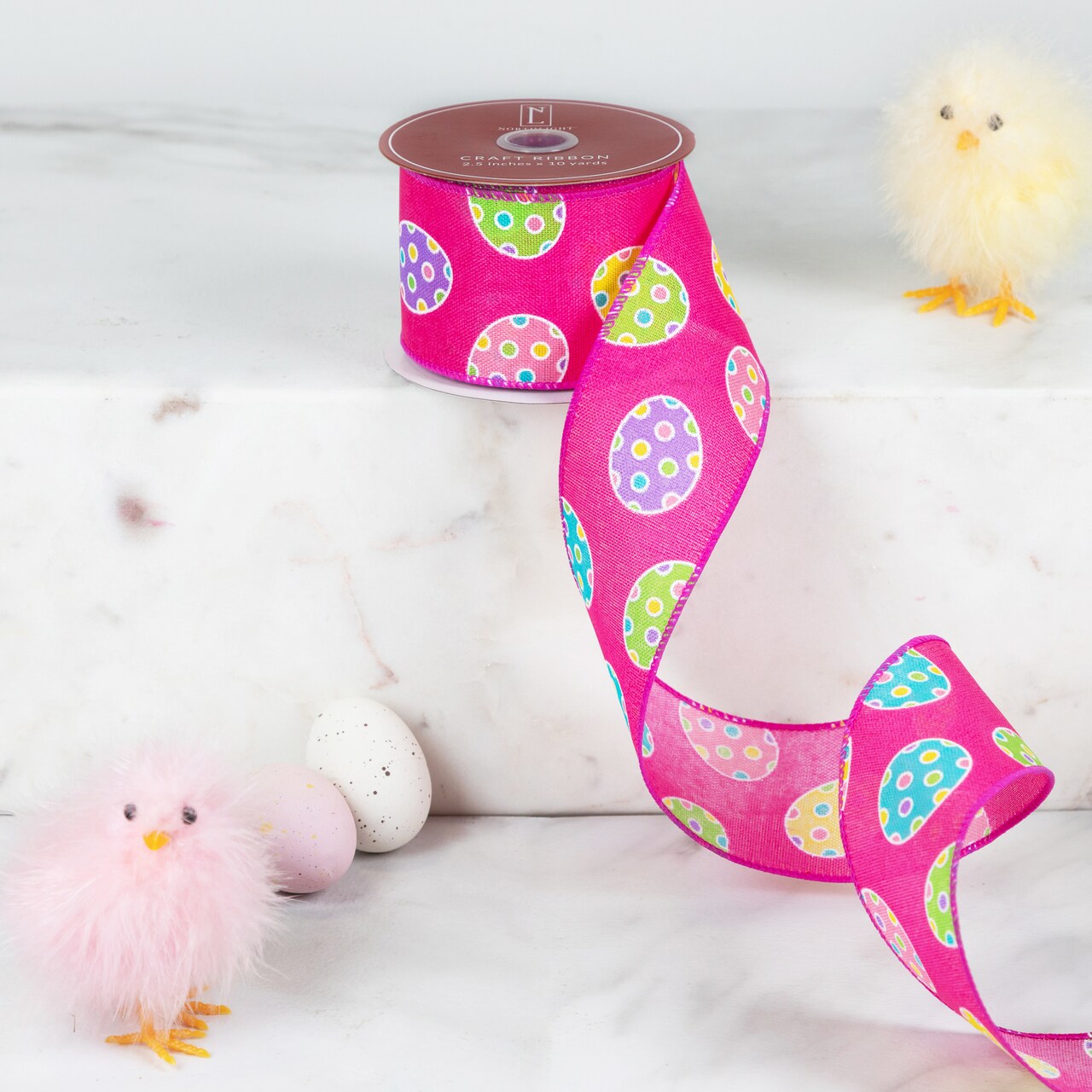 Northlight Easter Egg Design Wired Spring Craft Ribbon - 2.5" x 10 Yards - Pink